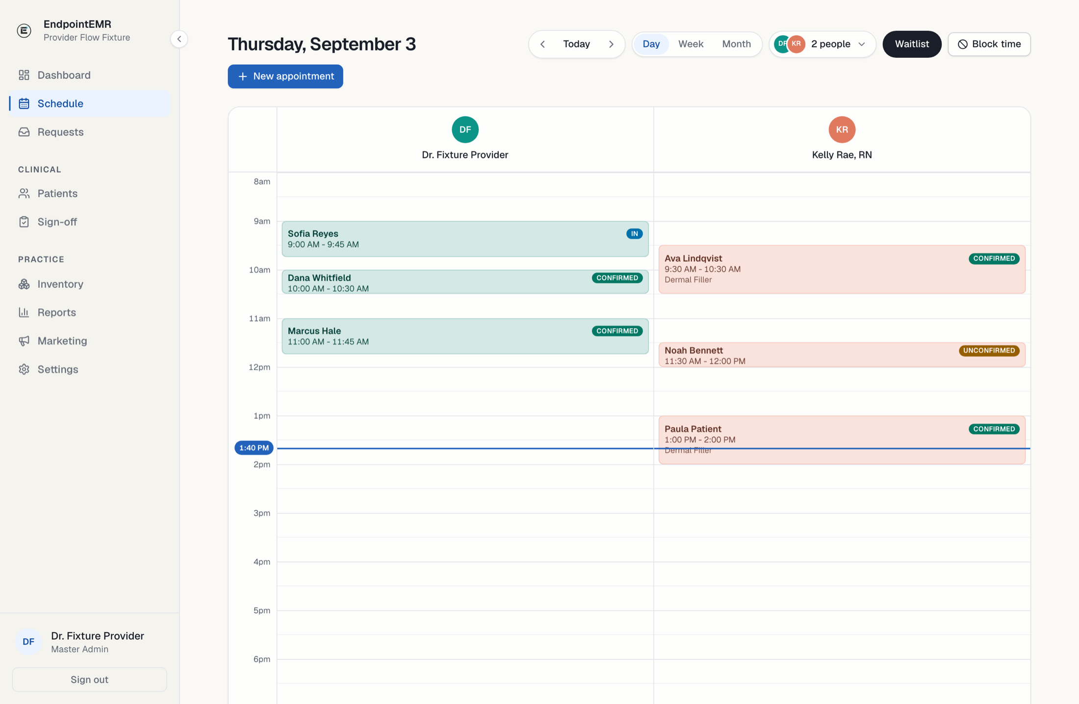 The EndpointEMR schedule: two providers' day with confirmed, checked-in and unconfirmed visits